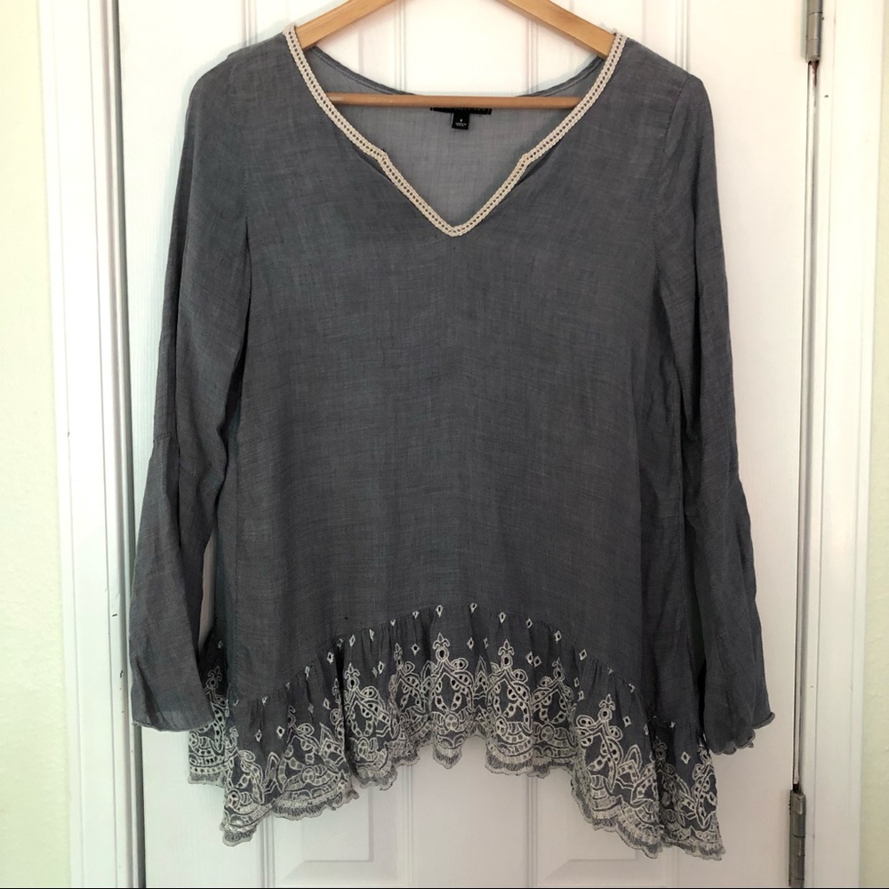 Chambray bell-sleeved eyelet trim top